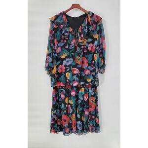 Vikki Vi Womens Dress XL Black Green Floral Blouson Ruffle Tie Neck Sheer Midi